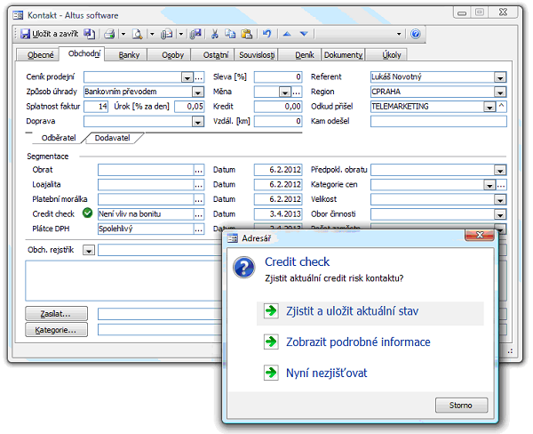 Karta Obchodní s novým údajem Credit Check