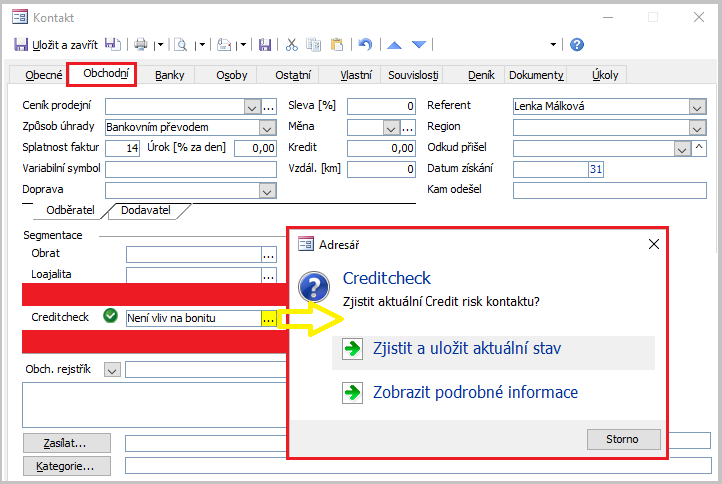 Pokud máte vše správně nastavené, v detailu záznamu Kontakt na kartě Obchodní uvidíte výsledek prověření kredibility znázorněné jednoduchými symboly (na tzv. semaforu) signalizující stav dané společnosti.