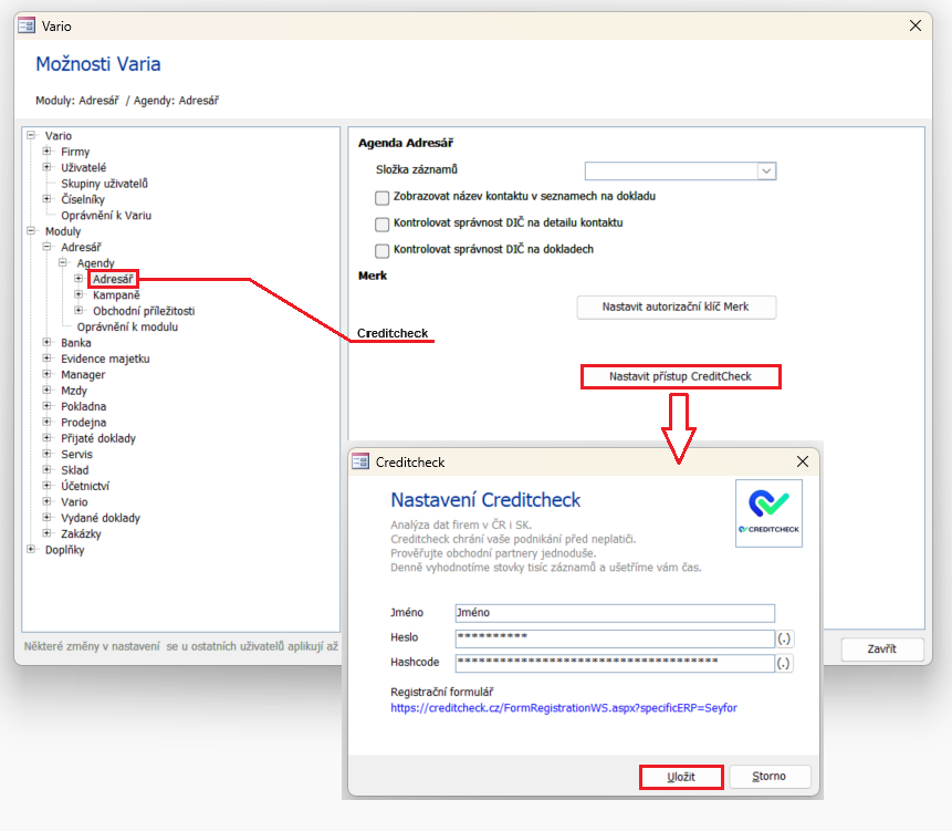 Dialog Možnosti Varia: Moduly: Adresář / Agendy: Adresář / Nastavit přístup Creditcheck / Nastavení Creditcheck