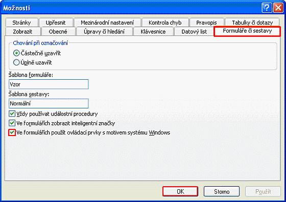 Ve formulářích použít ovládací prvky s motivem systému Windows