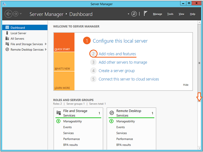 Server Manager – Dashboard – volba Add roles and features