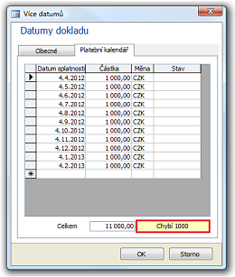 Kontrola součtu částek platebního kalendáře