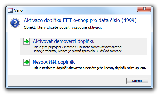 Příklad dialogu aktivace doplňku EET e-shop pro konkrétní data
