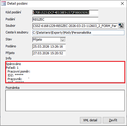 Detail podání po provedeném párování identifikátorů. Snímek obrazovky je ilustrační. Detail podání po provedeném párování identifikátorů. Snímek obrazovky je ilustrační.