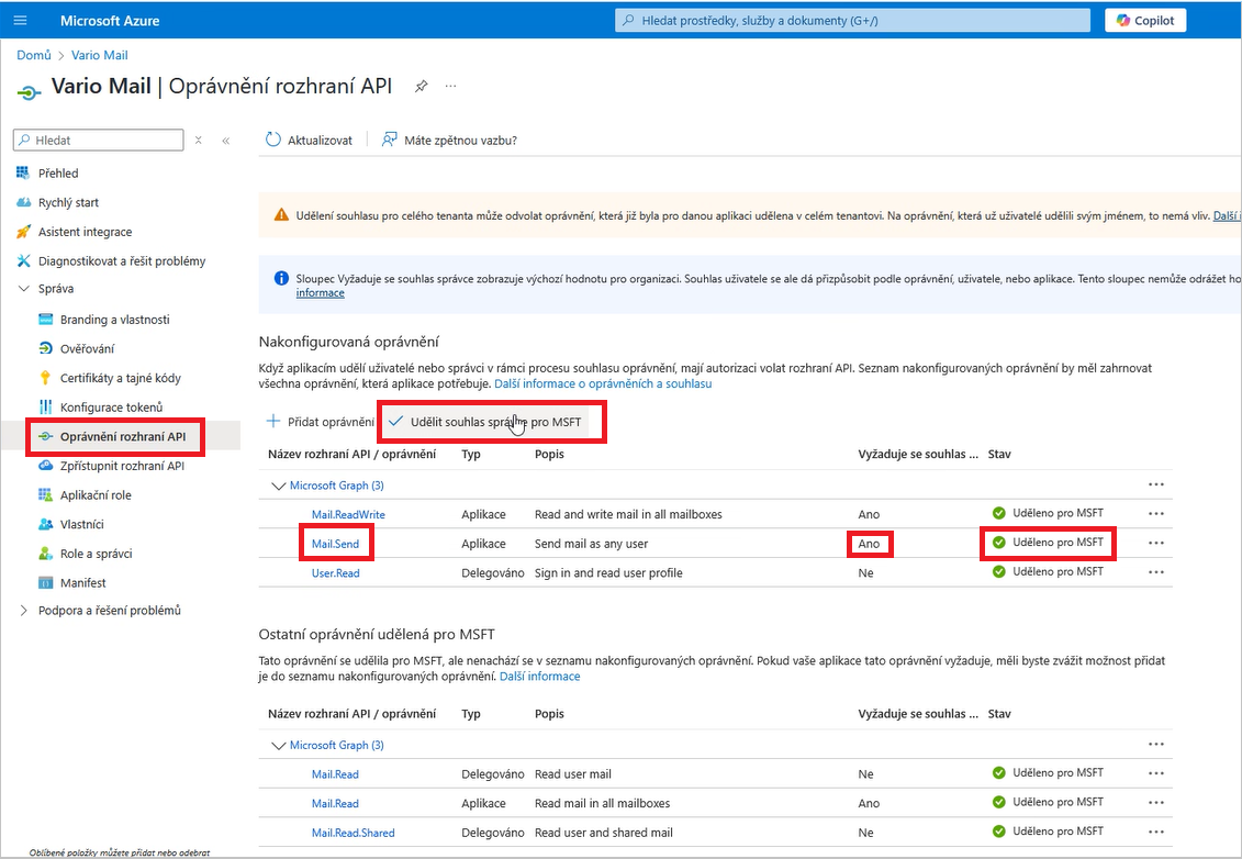 Dialog Vario Mail – Oprávnění rozhraní API – Udělit souhlas správce pro MSFT