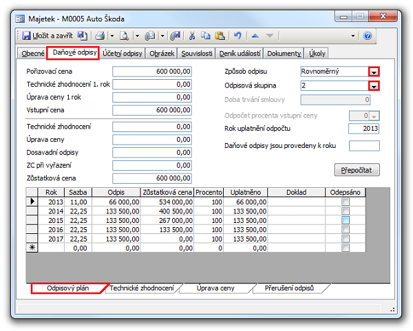 Záznam majetku, karta Daňové odpisy a odpisový plán