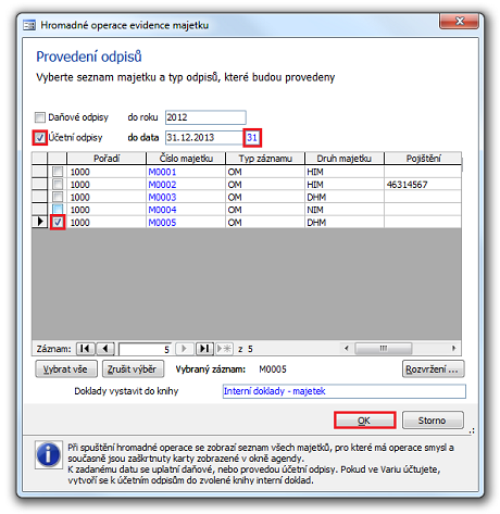 Dialog Hromadné operace evidence majetku - Provedení odpisů
