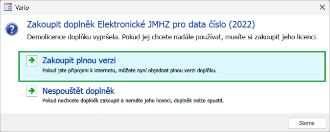 Volba Zakoupit plnou verzi v dialogu aktivace doplňku
