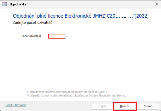 Zadání počtu uživatelů doplňku pro jednu firmu