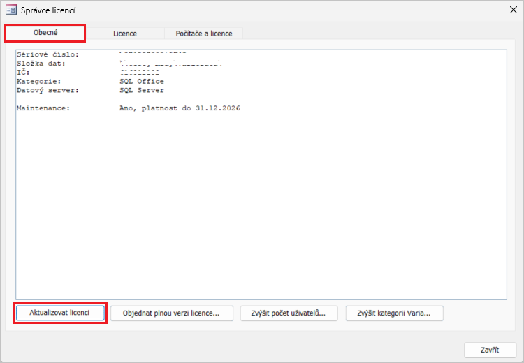 Správce licencí s volbou Aktualizovat licenci po aktivaci doplňku