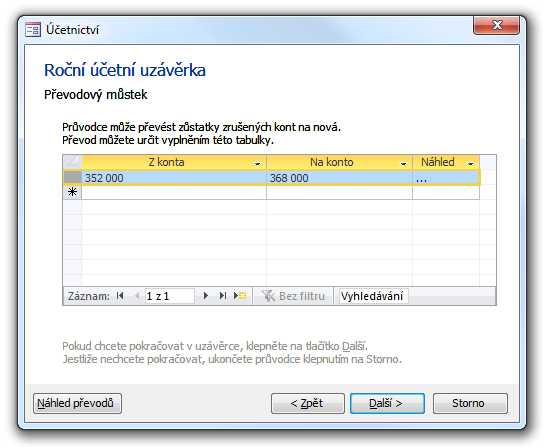 Dialog Roční účetní uzávěrka - převodový můstek