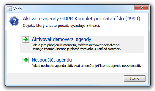 Příklad dialogu aktivace agendy GDPR pro konkrétní data