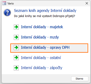 Jestliže v agendě Interní doklady existuje více knih, zobrazí se dialog Seznam knih