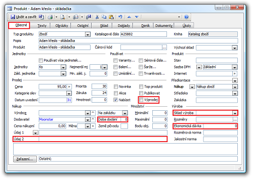 Detail záznamu Produkt, karta Obecné