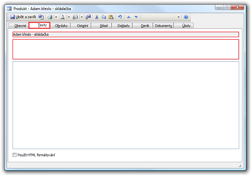 Detail záznamu Produkt, karta Texty