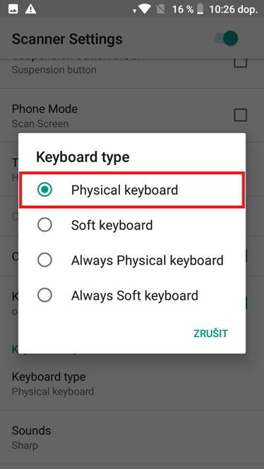 2.1 Ve volbě Keyboard type vyberete hodnotu Physical keyboard