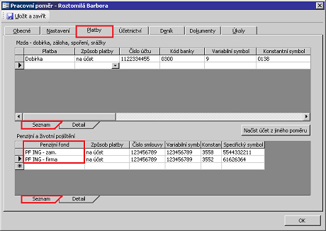 Dialog Pracovní poměr, karta Platby