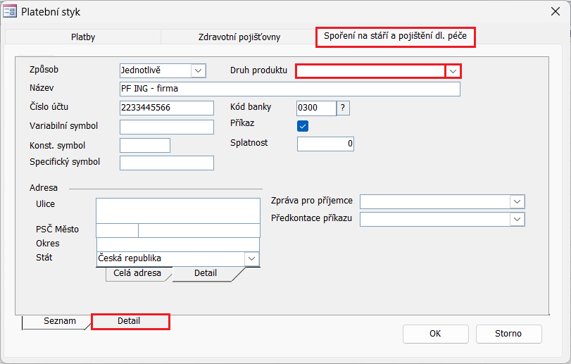 Dialog Platební styk, karta Spoření na stáří a pojištění dl. péče, záložka Detail