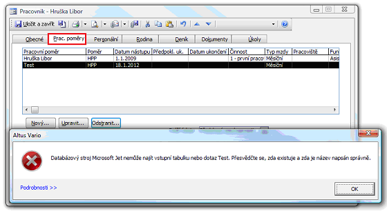 Chyba při odstranění pracovního poměru