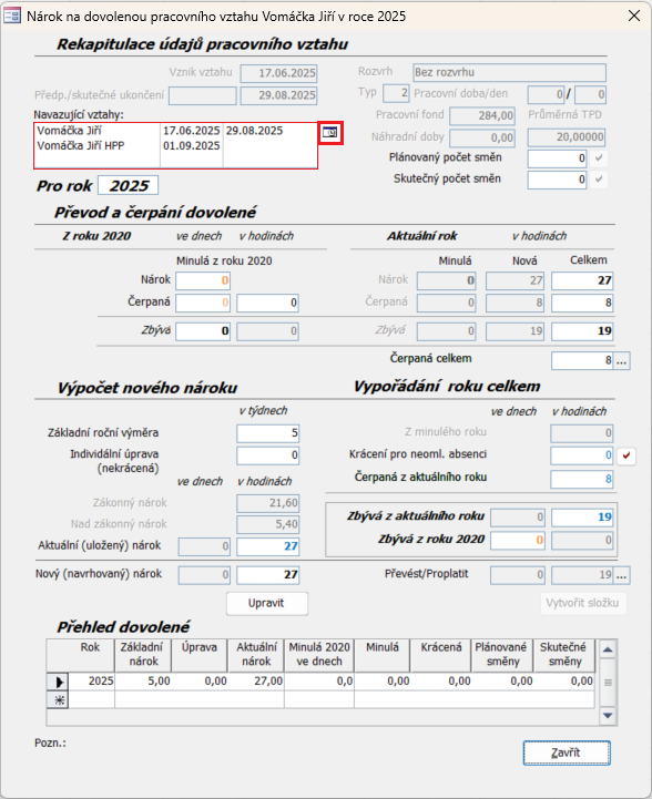 Dialog formuláře Nárok na dovolenou pracovního vztahu