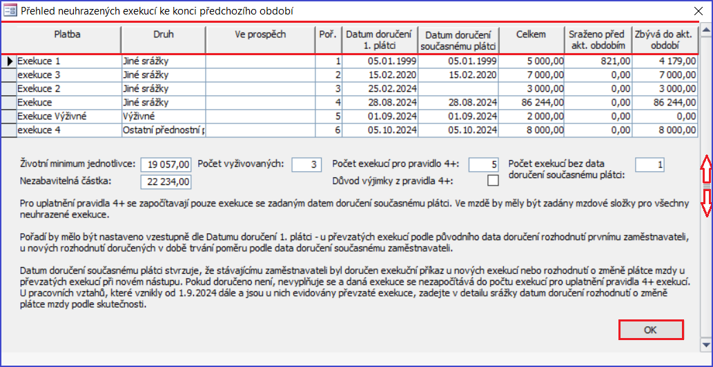 Příklad dialogu Přehled neuhrazených exekucí ke konci předchozího období