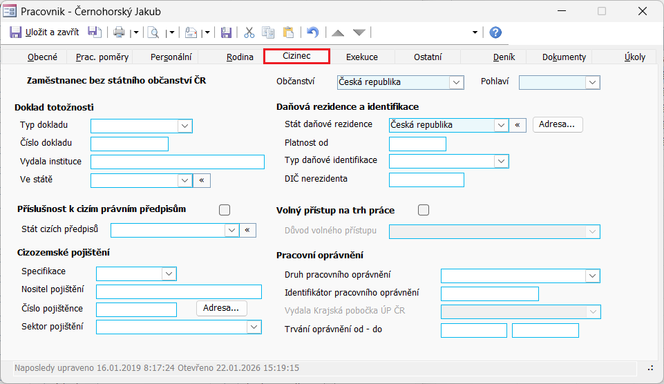 Dialog Pracovník, příklad karty Personální