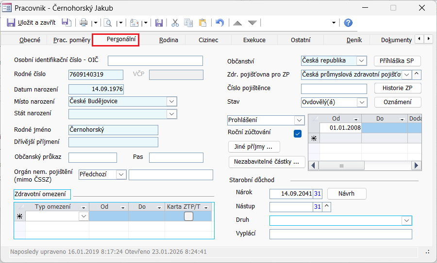 Dialog Pracovník, příklad karty Personální. Světle modré podbarvení vyznačuje povinná pole. Dialog Pracovník, příklad karty Personální. Světle modré podbarvení vyznačuje povinná pole.