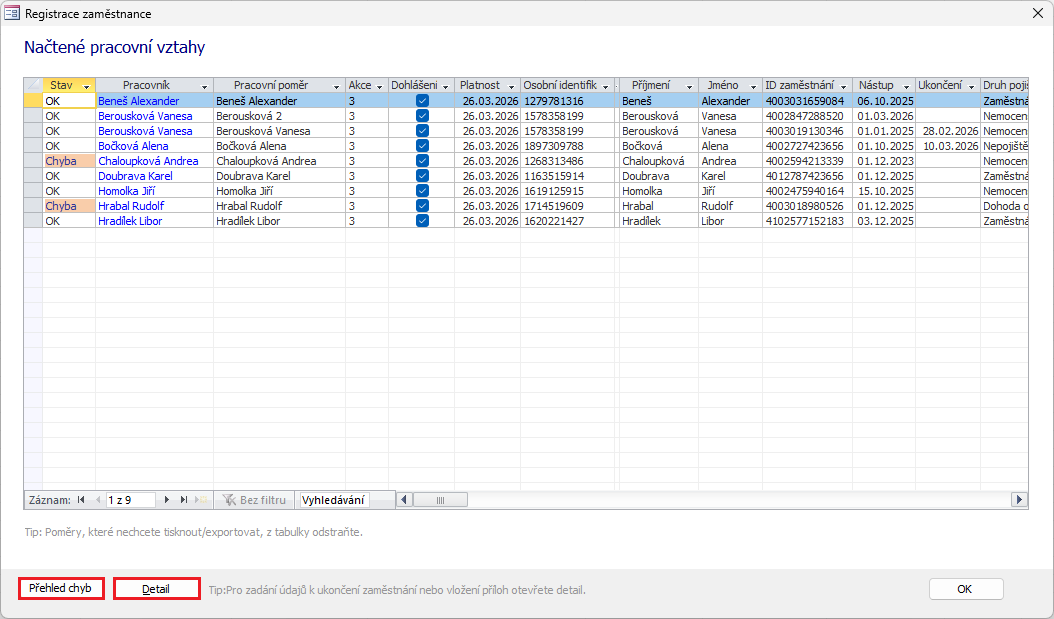 Dialog Načtené pracovní vztahy Dialog Načtené pracovní vztahy
