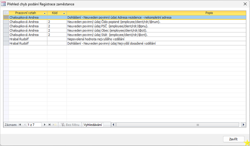 Přehled chyb podání Registrace zaměstnance Přehled chyb podání Registrace zaměstnance