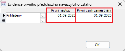 Dialog Evidence prvního předchozího navazujícího vztahu