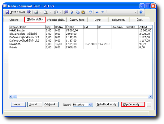 Dialog Mzda, karta Měsíční složky a Výpočet mzdy