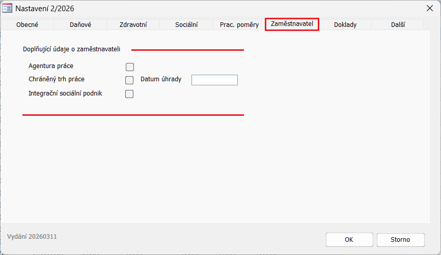 Dialog Nastavení, karta Zaměstnavatel Dialog Nastavení, karta Zaměstnavatel