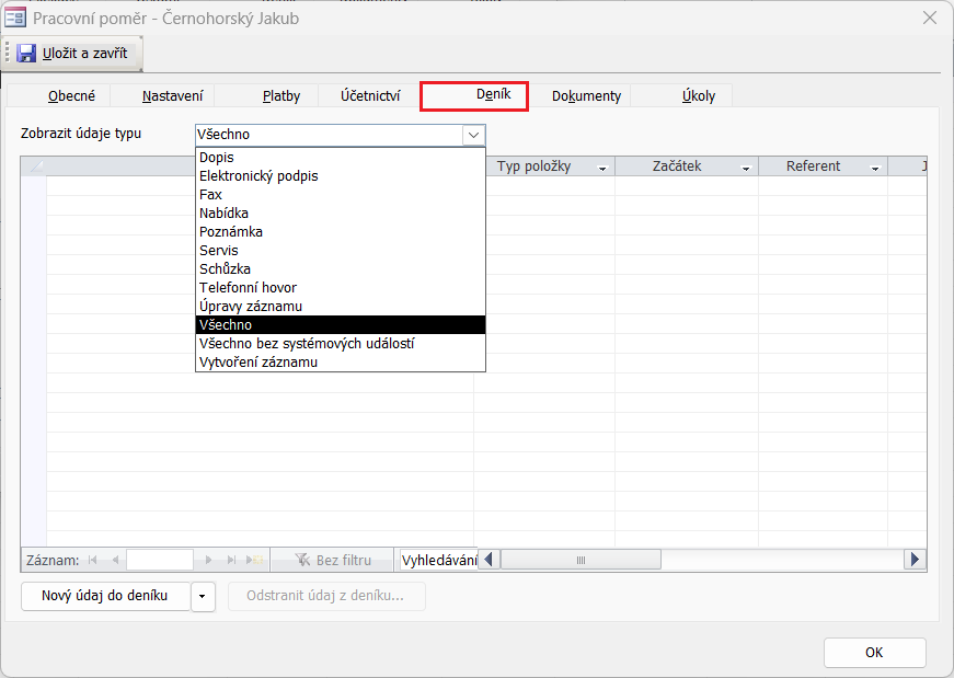 Detail záznamu Pracovní poměr na kartě Deník a nabídka zobrazení údajů Detail záznamu Pracovní poměr na kartě Deník a nabídka zobrazení údajů