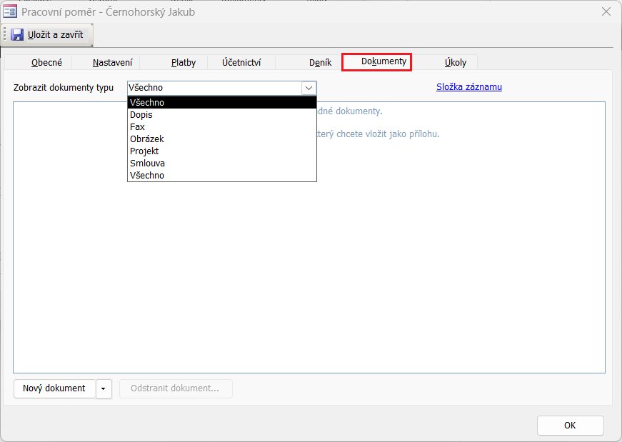 Detail záznamu Pracovní poměr na kartě Dokumenty a nabídka zobrazení údajů