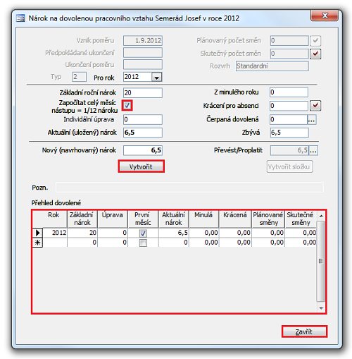 Dialog Nárok na dovolenou pracovního vztahu pracovníka ve vybraném roce