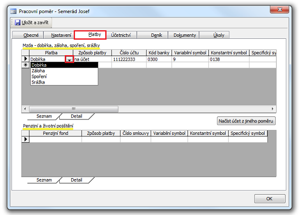 Dialog Pracovní poměr, karta Platby