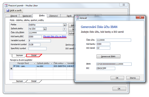 V detailu pracovního poměru lze nově převádět číslo účtu do formátu IBAN