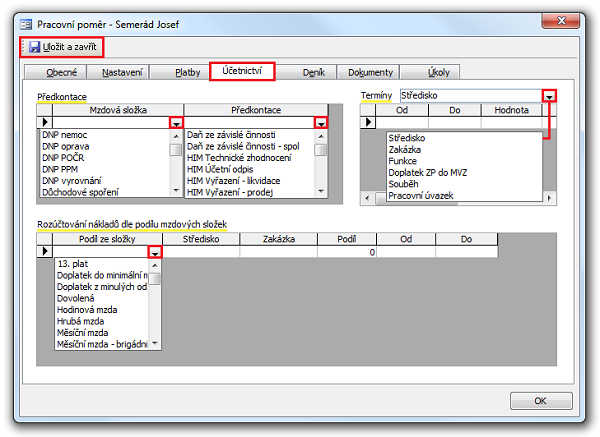 Dialog Pracovní poměr, karta Účetnictví