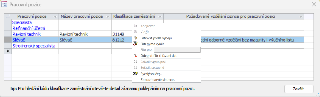 Příklad dialogu Pracovní pozice a místní nabídka