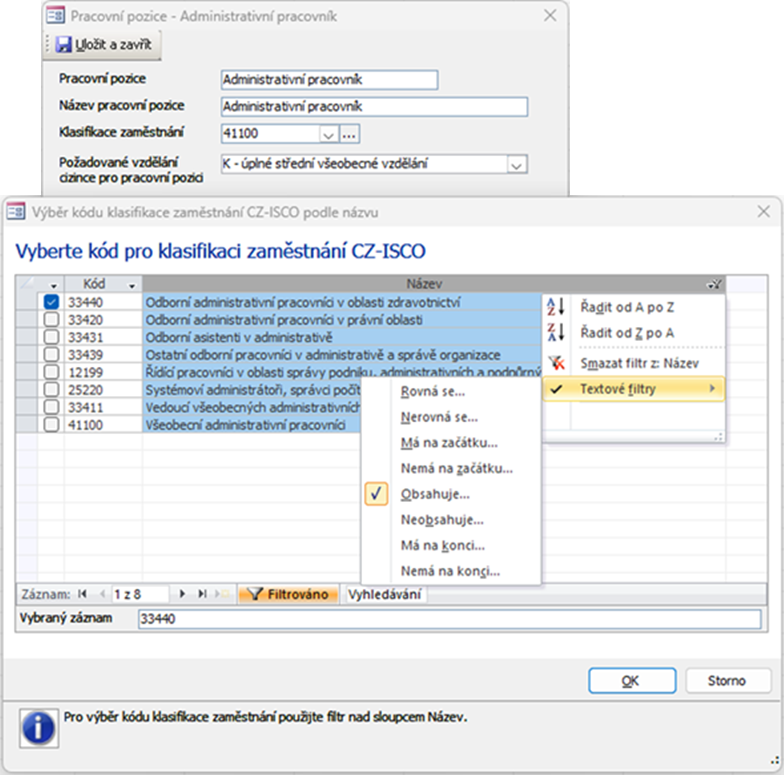 Příklad dialogu Pracovní pozice a místní nabídka