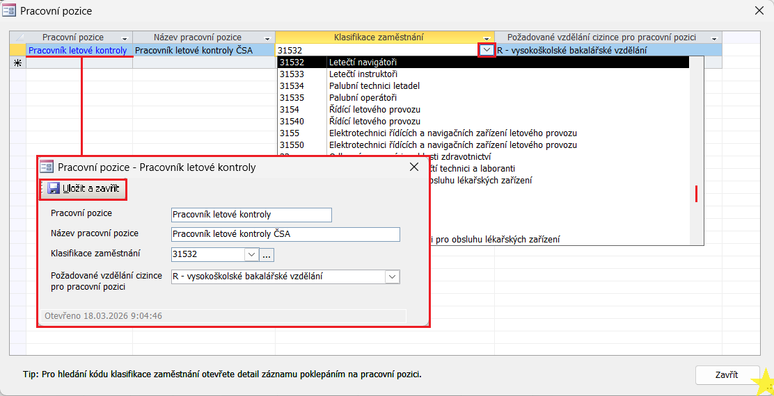 Příklad dialogu „Pracovní pozice” s průběhem výběru kódu klasifikace zaměstnání z číselníku. Snímek obrazovky je ilustrační.