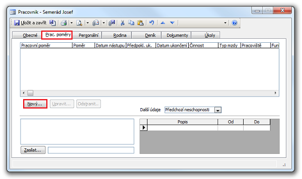 Záznam Pracovník a karta Pracovní poměry