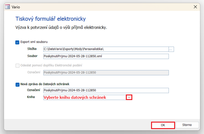 Dialog Tiskový formulář elektronicky – Výzva k potvrzení údajů o výši příjmů elektronicky