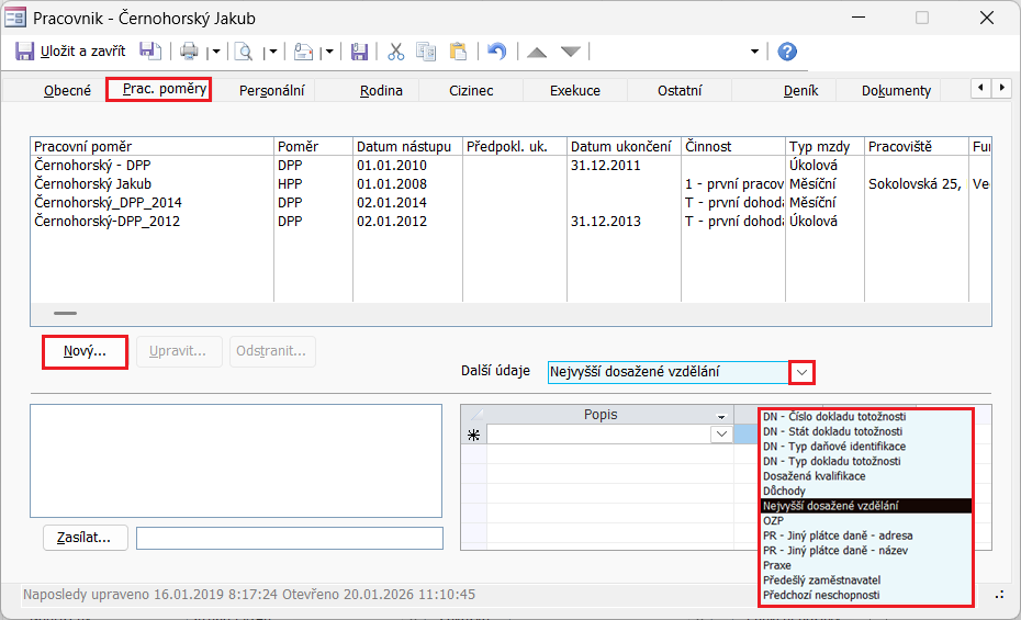 Aktuální dialog Pracovník, karta Prac. poměry