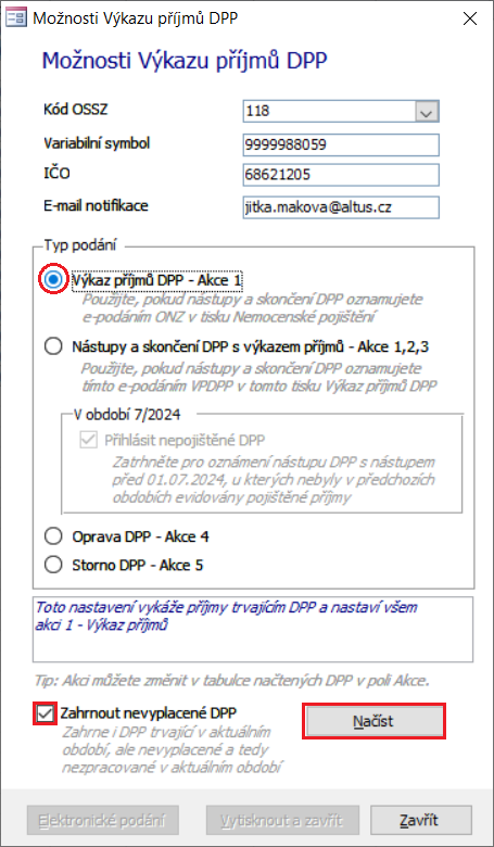 Dialog Možnosti Výkazu příjmů DPP