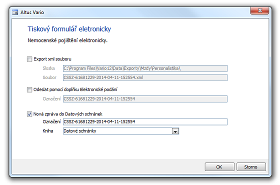 Dialog Tiskový formulář elektronicky s volbou Nová zpráva do Datových schránek