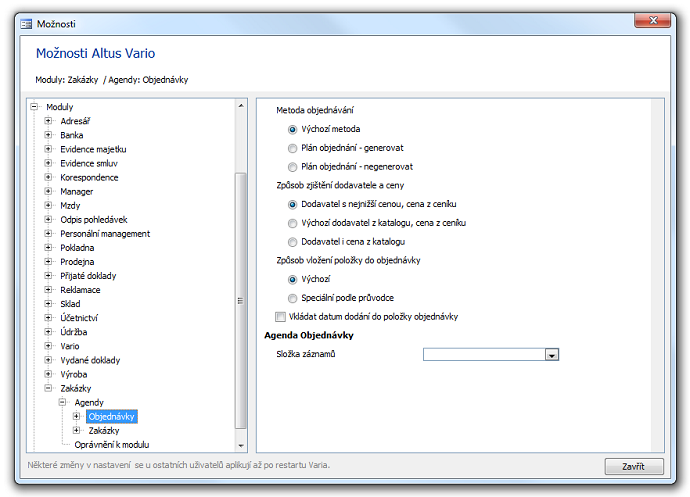 Volby pro nastavení průvodce byly přesunuty do dialogu Možnosti Altus Vario