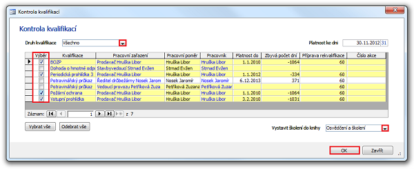 Okno Kontrola kvalifikací