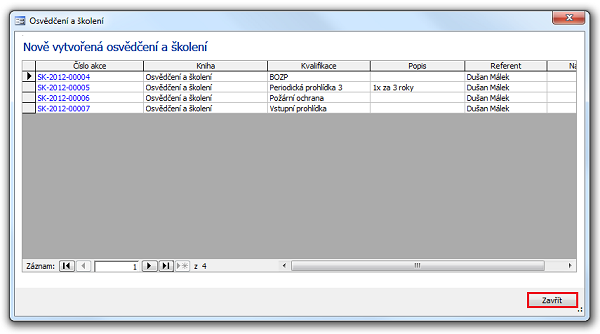 Okno Nově vytvořená osvědčení a školení