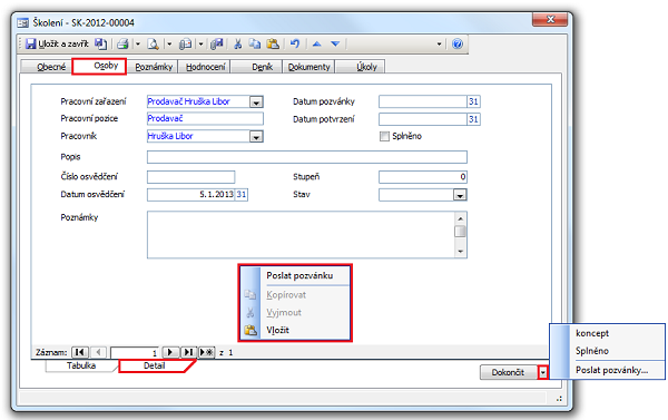 Detail záznamu Školení, karta Osoby, podřízená záložka Detail